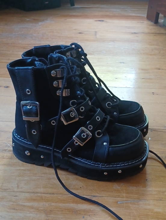 Demonia Shoes - DEMONIA Lilith-278 Black Vegan Leather Suede Platform Buckle Boots